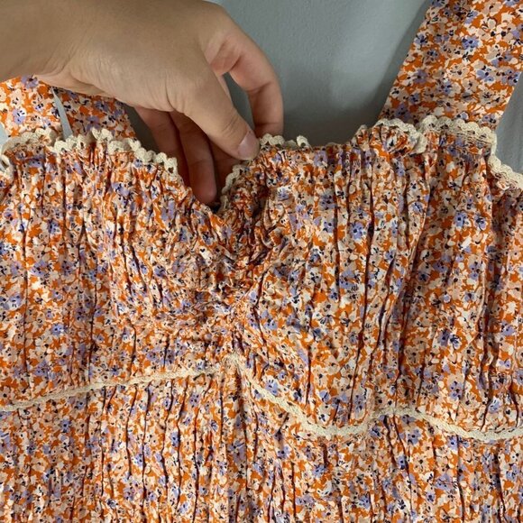 Zara Womens Floral Smocked Mini Dress Orange L Large 100% Cotton Summer Dress - Picture 4 of 10